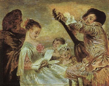 ロココ Painting - 音楽のレッスン ジャン・アントワーヌ・ワトーの古典的なロココ